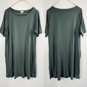 J. Jill Peat Moss Green Shirt Dress Short Sleeve Flounced Hem Pockets Petite L